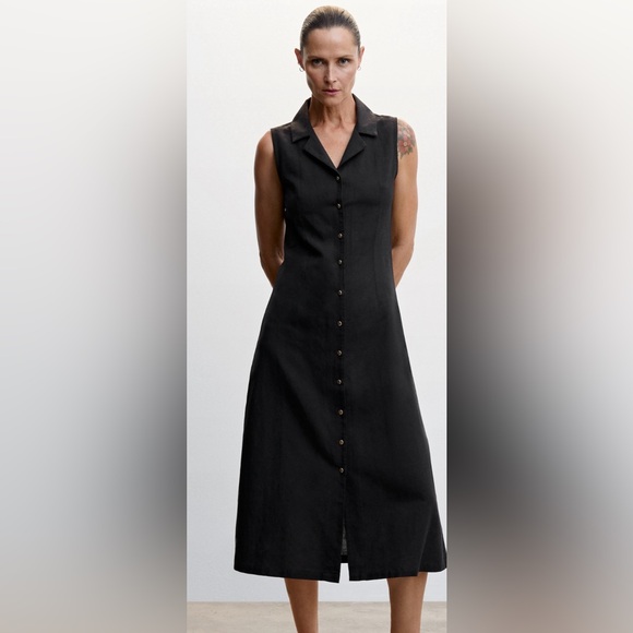 New, Mango Black sleeveless shirt dress with gold buttons, size Small - Picture 2 of 7